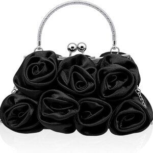 Women's Satin Black Floral Roses Elegant Unique Eye Catching Clutch Handbag